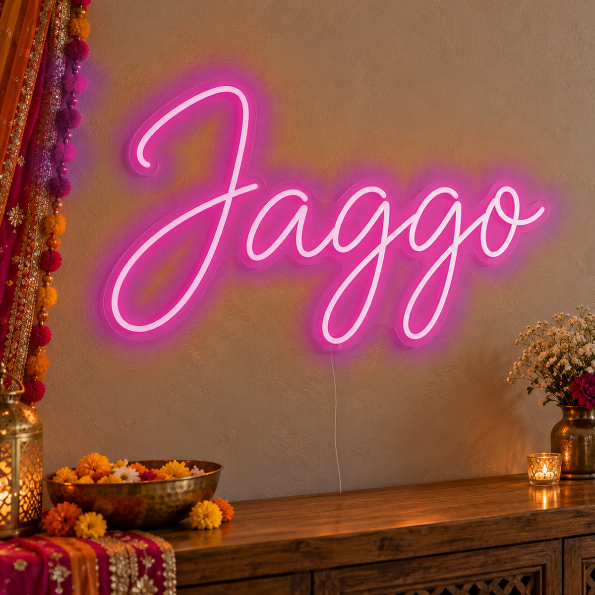 Jaggo Neon Sign in pink LED neon on clear acrylic, angled view