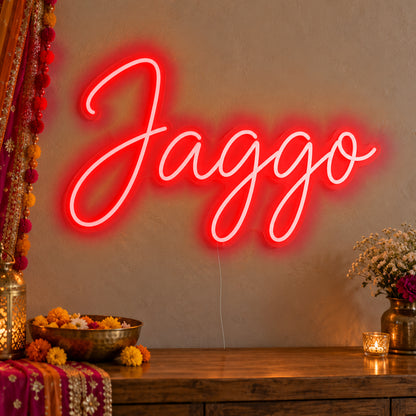 Jaggo Neon Sign in red LED neon on clear acrylic, angled view