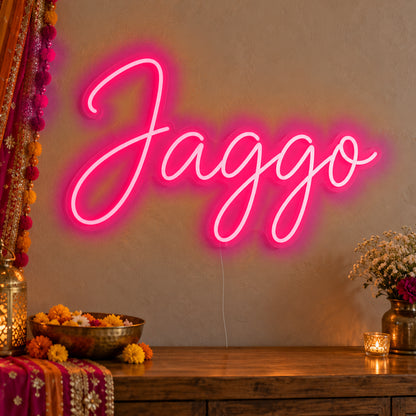 Jaggo Neon Sign in rose red LED neon on clear acrylic, angled view
