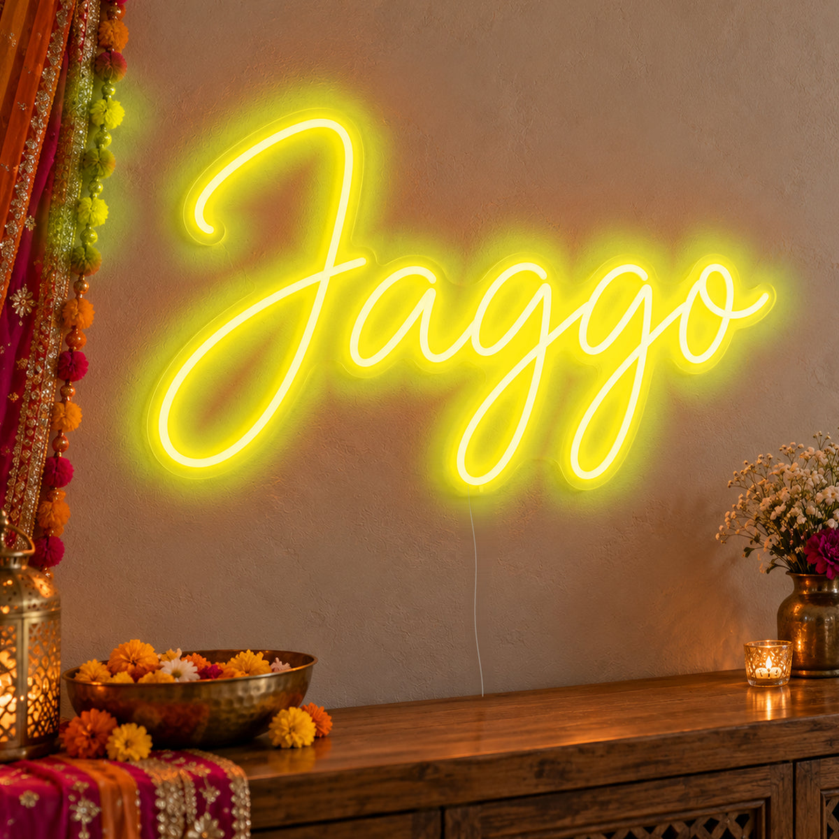 Jaggo Neon Sign in yellow LED neon on clear acrylic, angled view