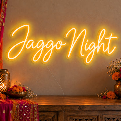 Jaggo Night Neon Sign in gold LED neon on clear acrylic, angled view