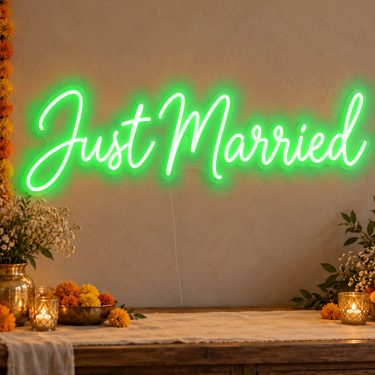 Just Married Neon Sign in green LED neon on clear acrylic, angled view