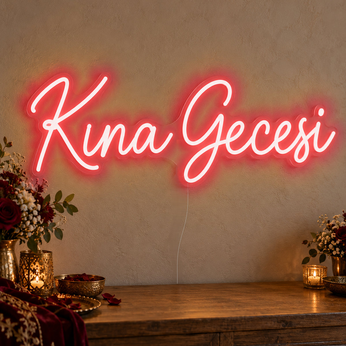 Kına Gecesi Neon Sign in red LED neon on clear acrylic, angled view