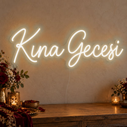 Kına Gecesi Neon Sign in warm white LED neon on clear acrylic, angled view