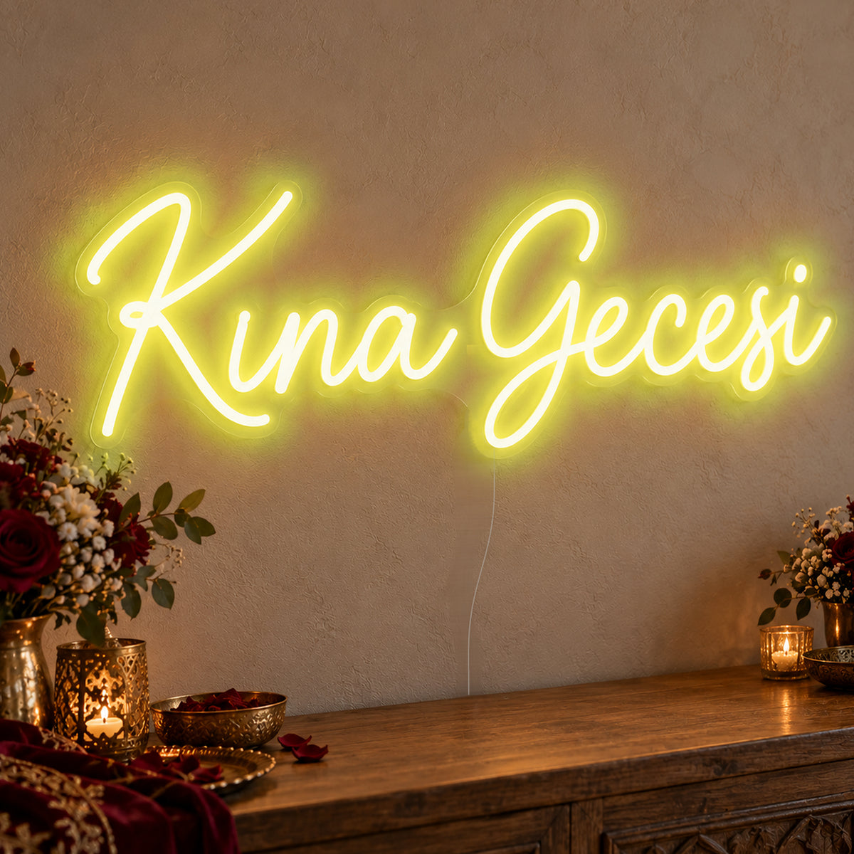 Kına Gecesi Neon Sign in yellow LED neon on clear acrylic, angled view