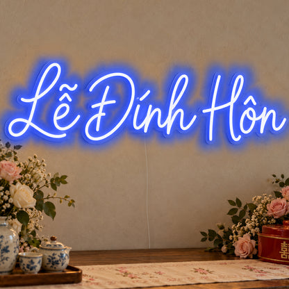 Lễ Đính Hôn Neon Sign in blue LED neon on clear acrylic, angled view