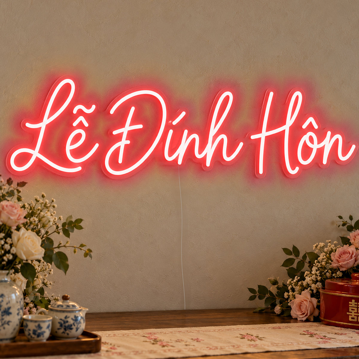 Lễ Đính Hôn Neon Sign in red LED neon on clear acrylic, angled view