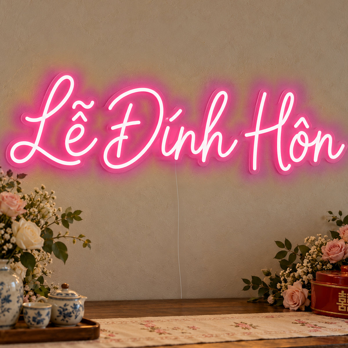 Lễ Đính Hôn Neon Sign in rose red LED neon on clear acrylic, angled view
