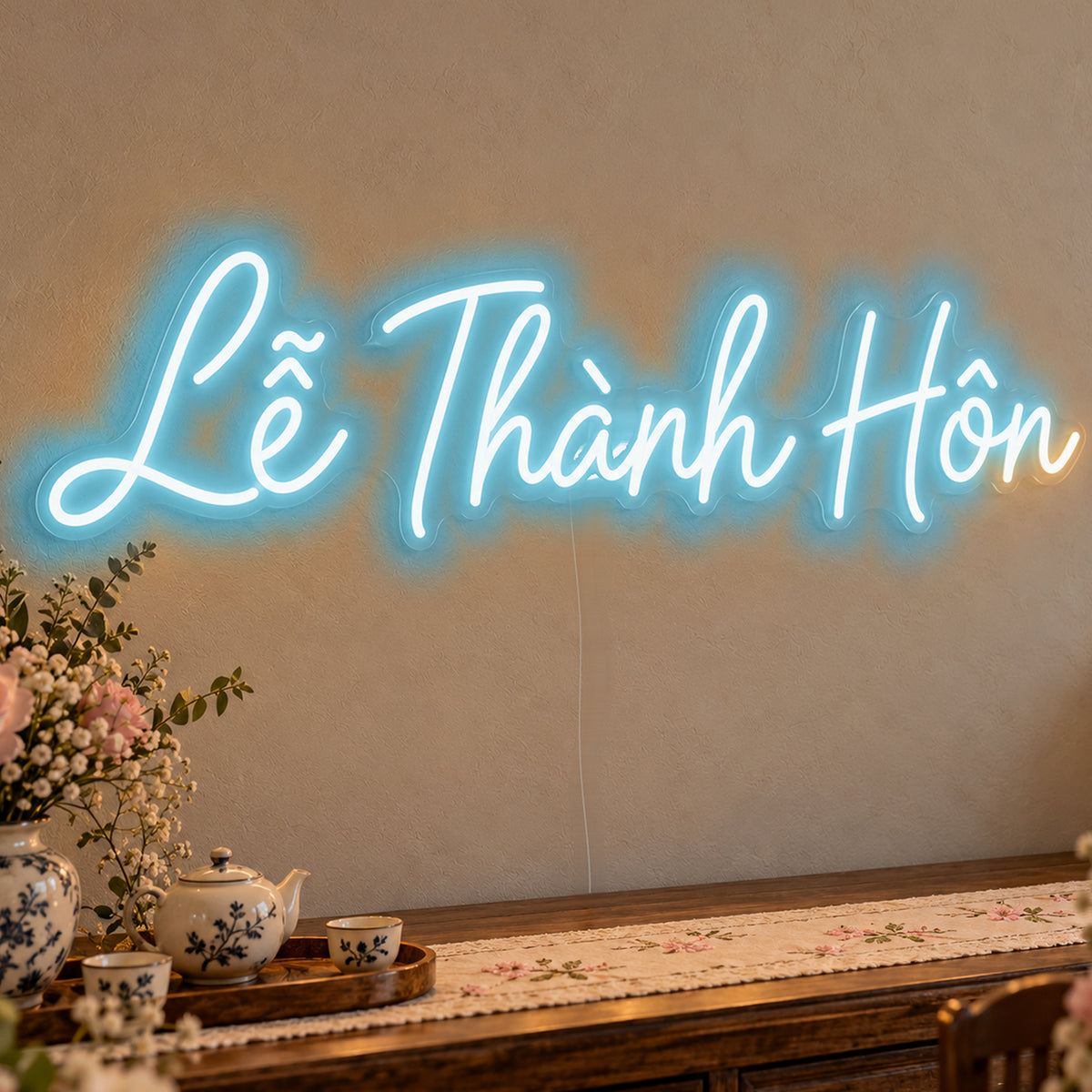 Lễ Thành Hôn Neon Sign in ice blue LED neon on clear acrylic, angled view