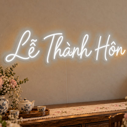 Lễ Thành Hôn Neon Sign in white LED neon on clear acrylic, angled view