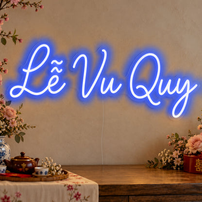 Lễ Vu Quy Neon Sign in blue LED neon on clear acrylic, angled view