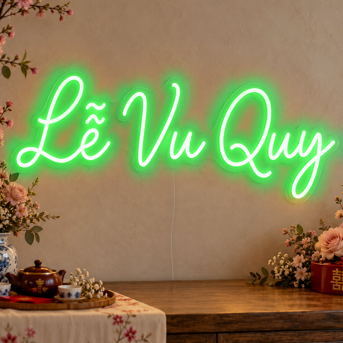 Lễ Vu Quy Neon Sign in green LED neon on clear acrylic, angled view