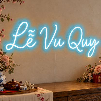 Lễ Vu Quy Neon Sign in ice blue LED neon on clear acrylic, angled view