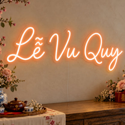 Lễ Vu Quy Neon Sign in orange LED neon on clear acrylic, angled view