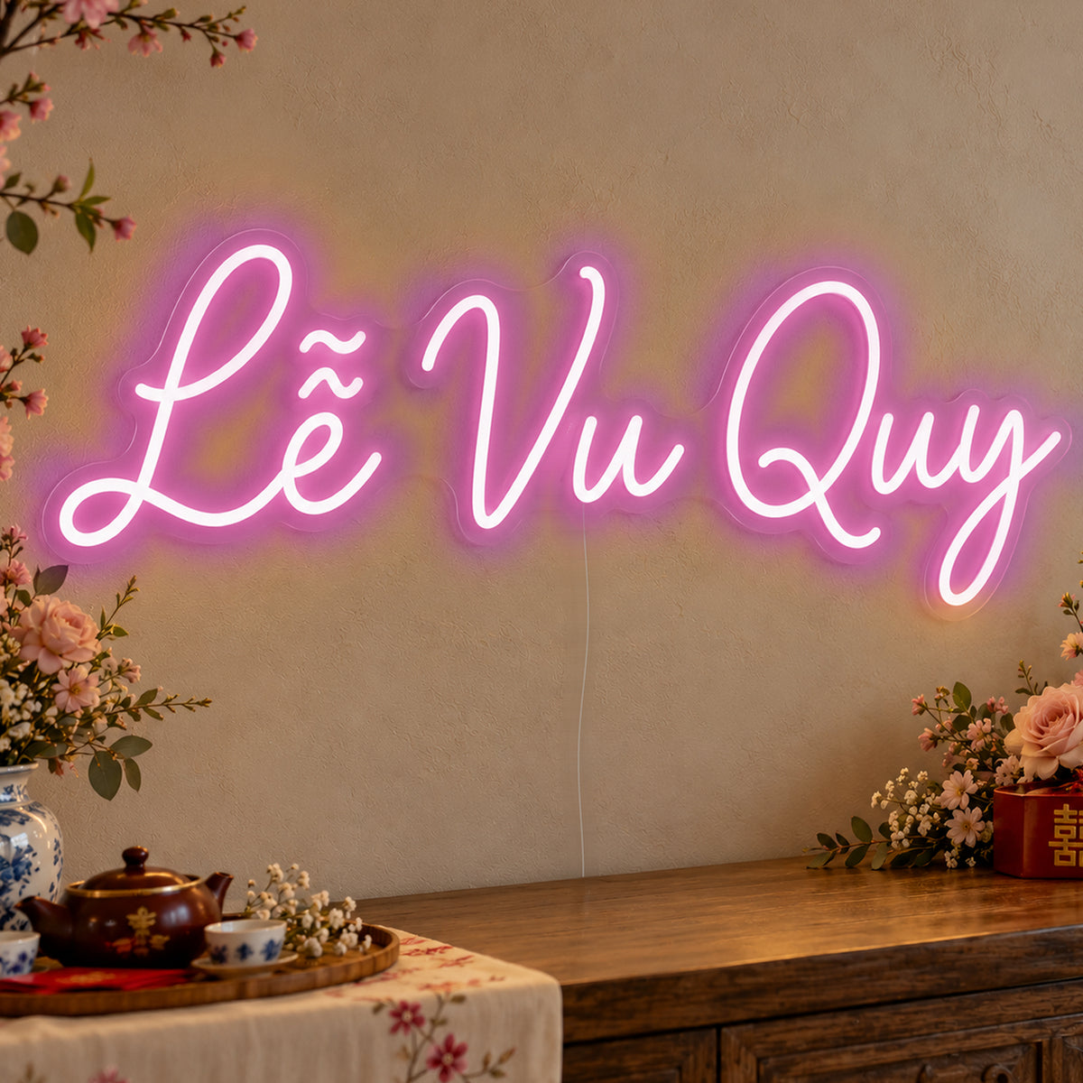 Lễ Vu Quy Neon Sign in pink LED neon on clear acrylic, angled view