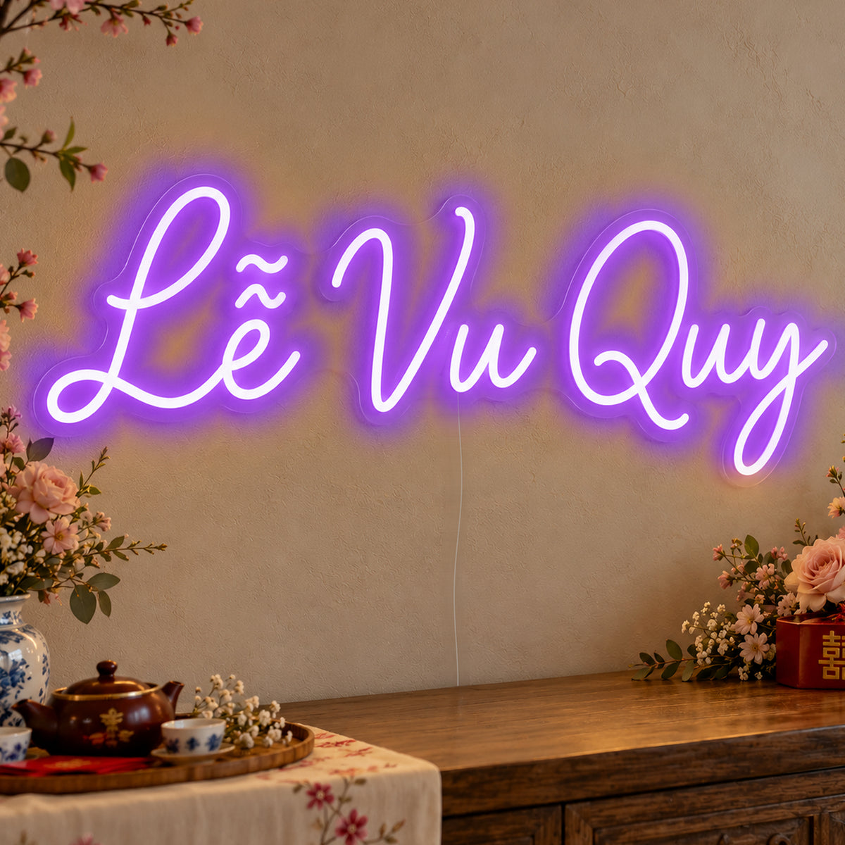 Lễ Vu Quy Neon Sign in purple LED neon on clear acrylic, angled view