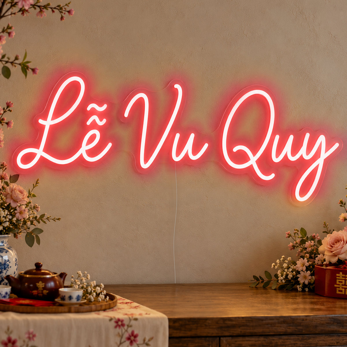 Lễ Vu Quy Neon Sign in red LED neon on clear acrylic, angled view