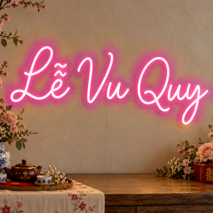 Lễ Vu Quy Neon Sign in rose red LED neon on clear acrylic, angled view