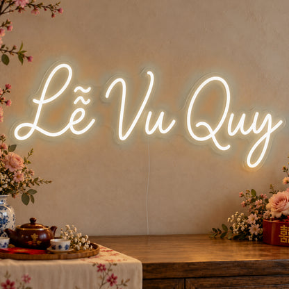 Lễ Vu Quy Neon Sign in warm white LED neon on clear acrylic, angled view