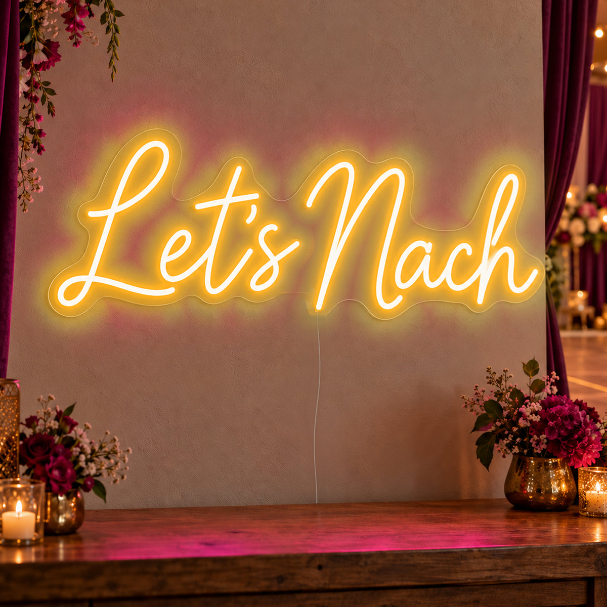 Let’s Nach Neon Sign in gold LED neon on clear acrylic, angled view