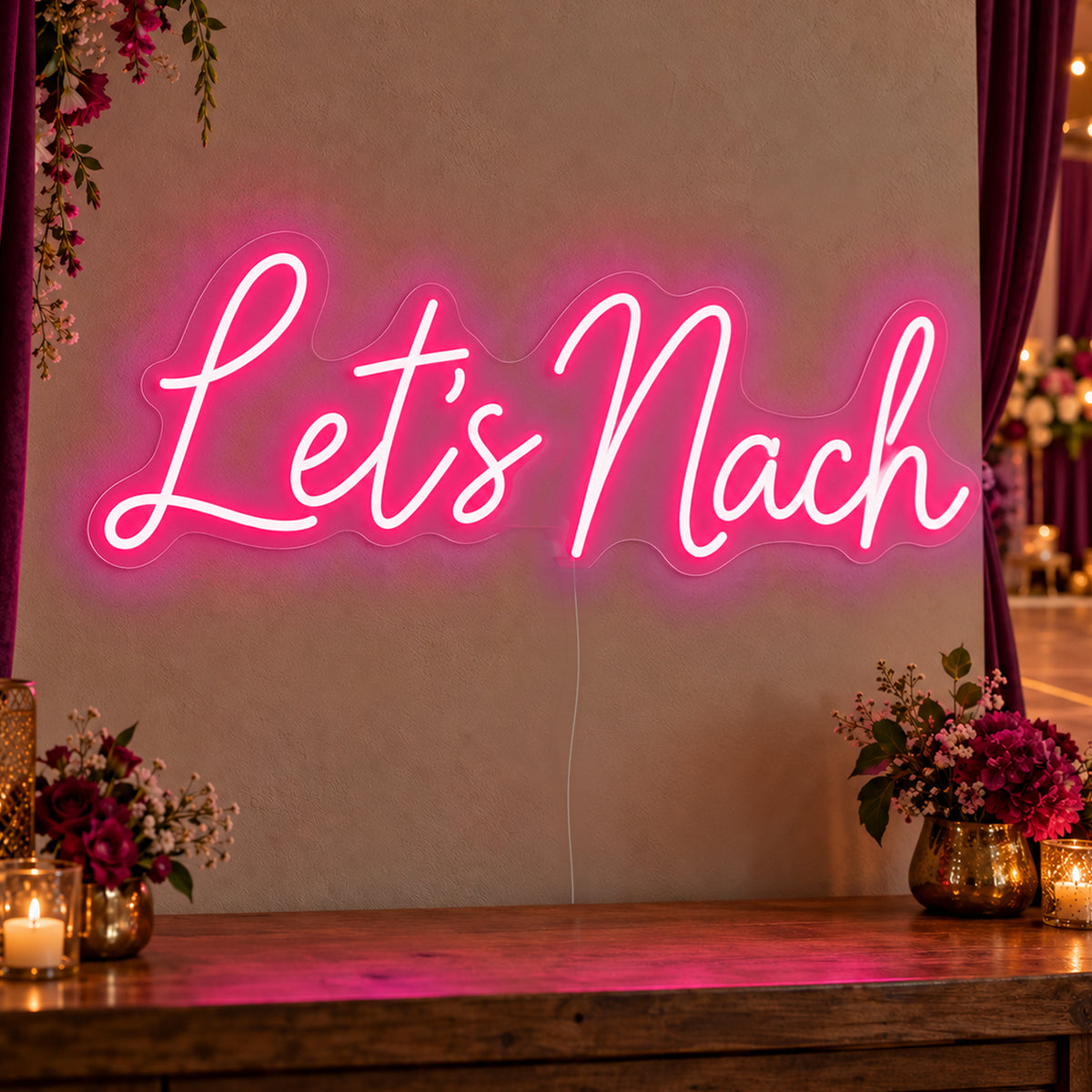 Let’s Nach Neon Sign in rose red LED neon on clear acrylic, angled view