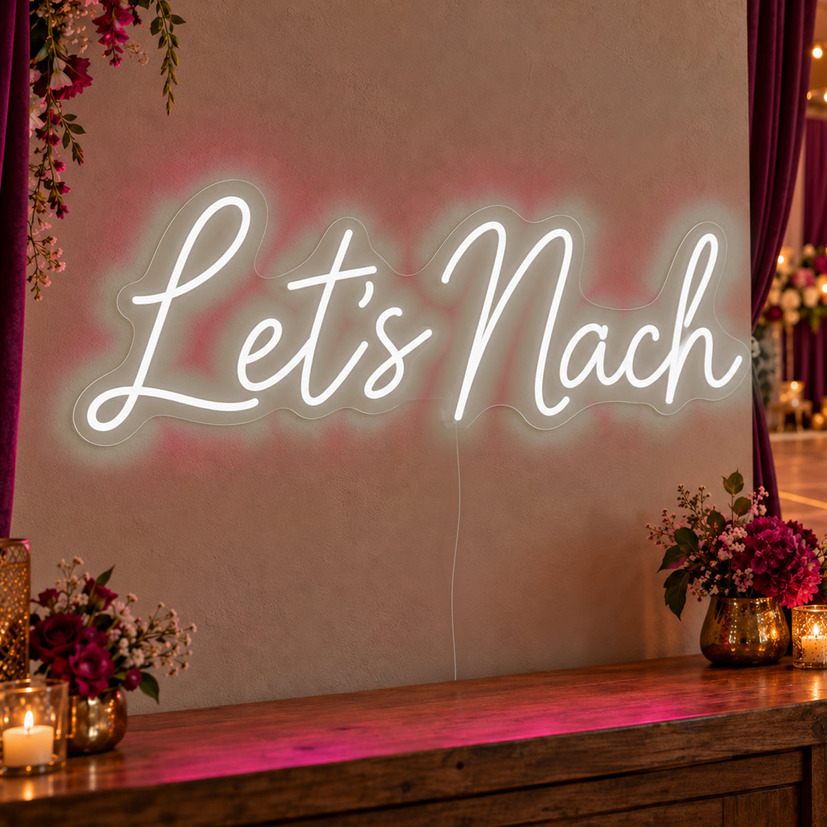 Let’s Nach Neon Sign in white LED neon on clear acrylic, angled view