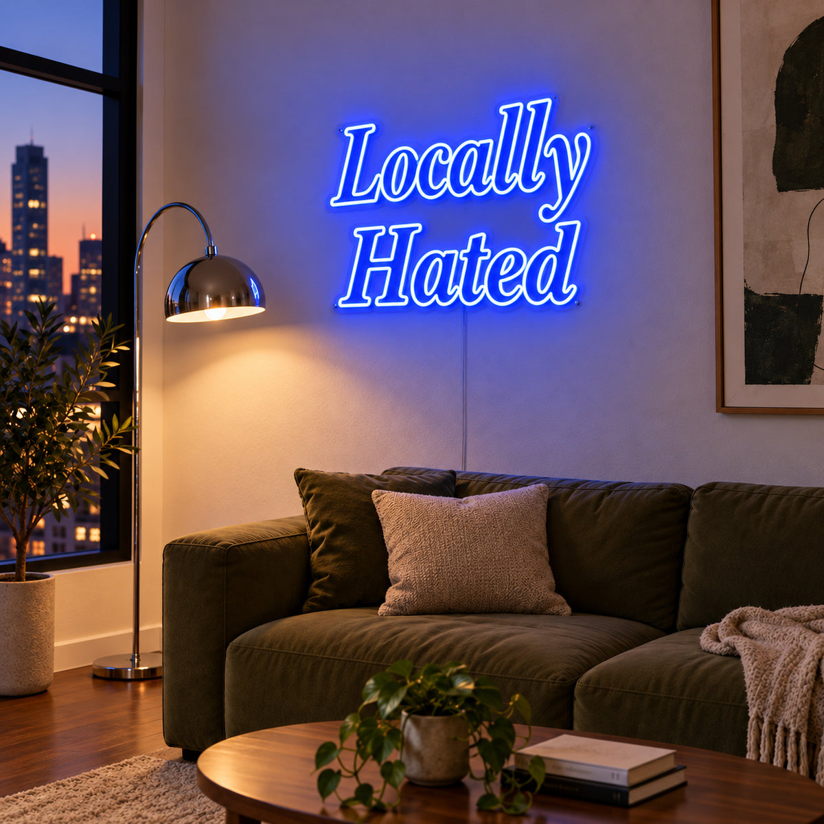 Locally Hated Neon Sign glowing blue above a green sofa.