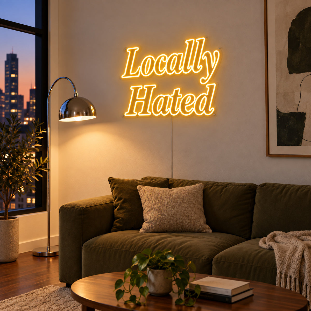 Locally Hated Neon Sign glowing gold above a green sofa.