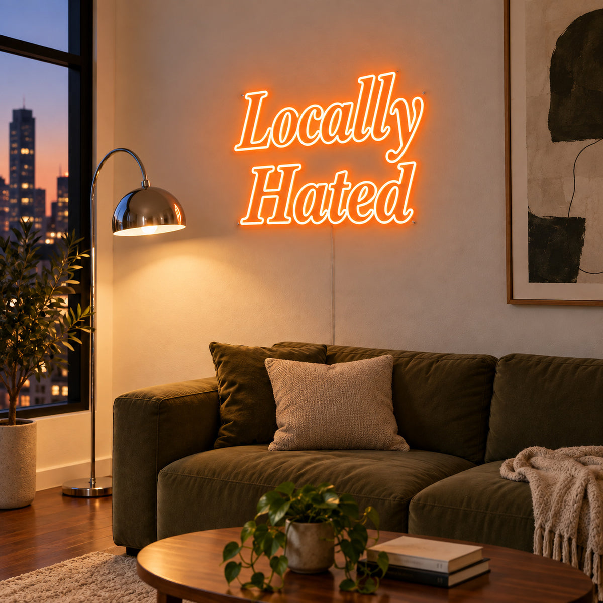 Orange version of the Locally Hated Neon Sign, shown above a green sofa.