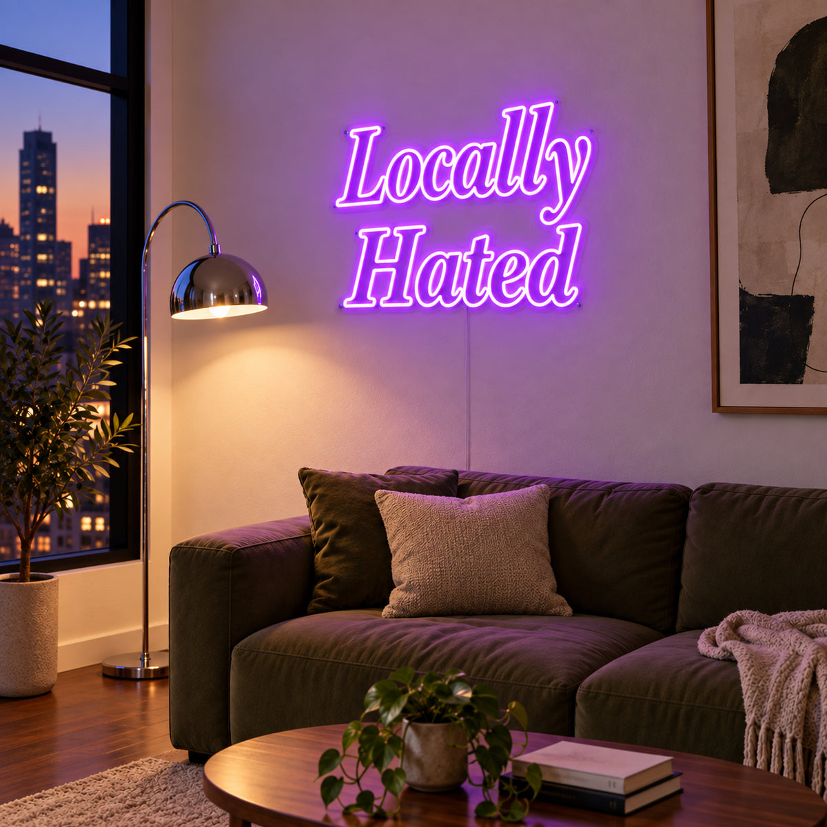 Locally Hated Neon Sign with purple lighting, displayed above a green sofa.