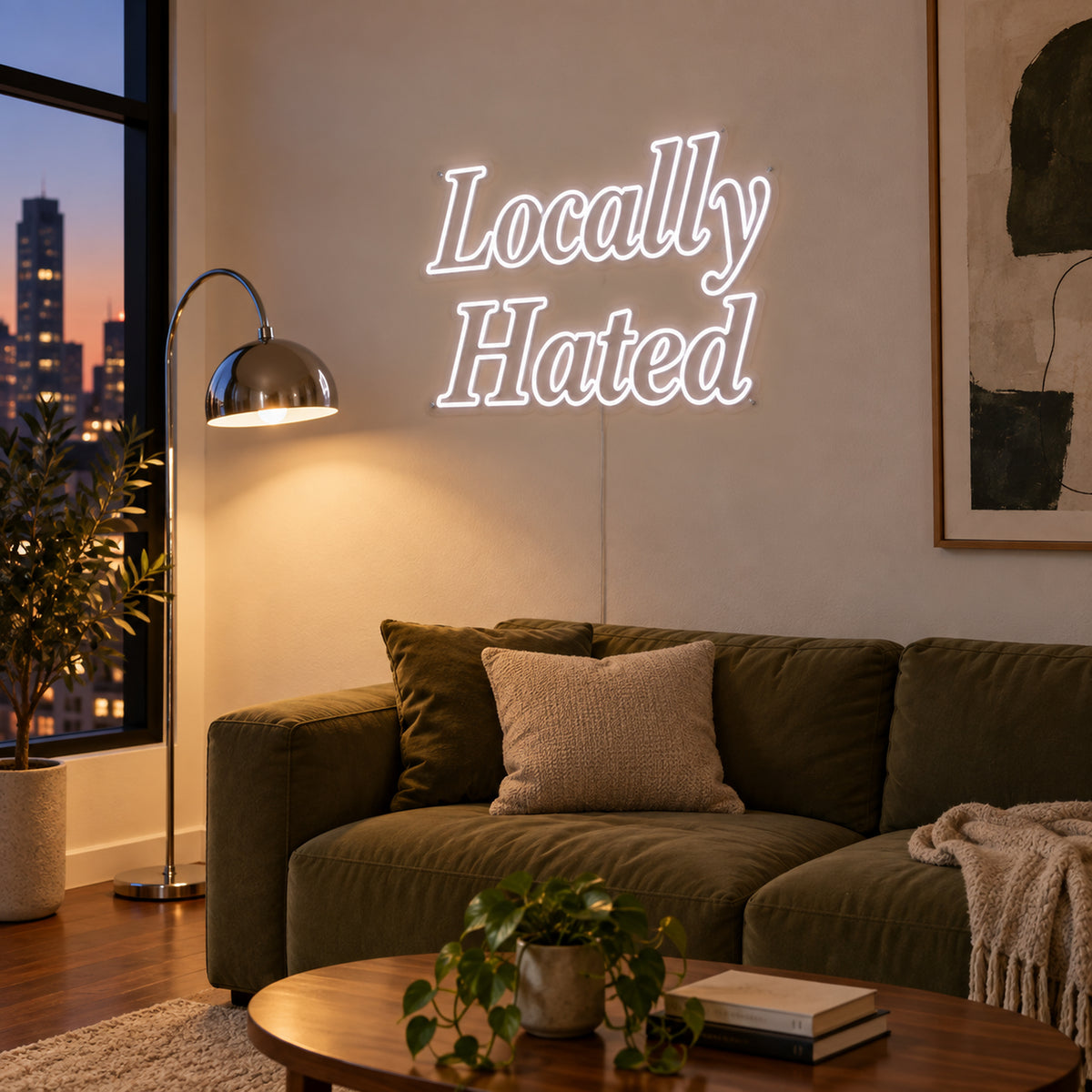 Locally Hated Neon Sign in white above a green sofa.