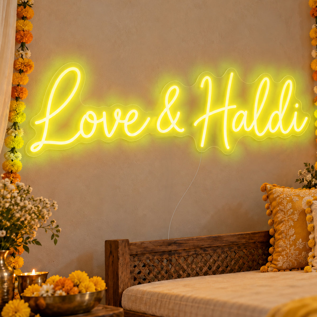 Love Haldi Neon Sign in yellow LED neon on clear acrylic, angled view