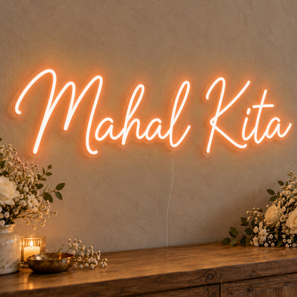 Mahal Kita Neon Sign in orange LED neon on clear acrylic, angled view