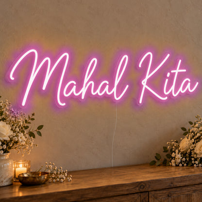 Mahal Kita Neon Sign in pink LED neon on clear acrylic, angled view