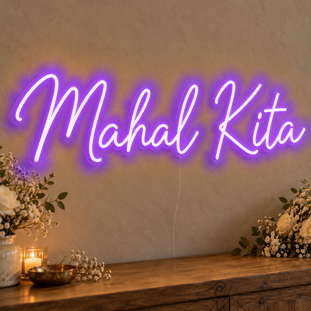Mahal Kita Neon Sign in purple LED neon on clear acrylic, angled view