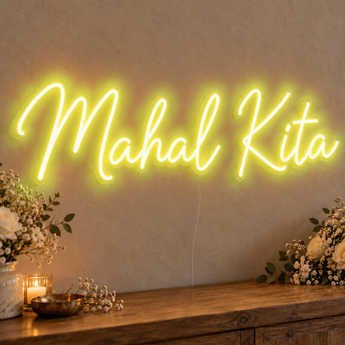 Mahal Kita Neon Sign in yellow LED neon on clear acrylic, angled view