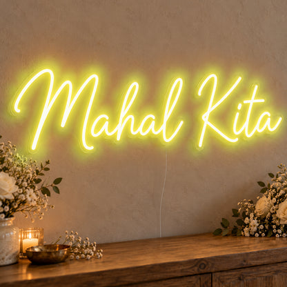 Mahal Kita Neon Sign in yellow LED neon on clear acrylic, angled view