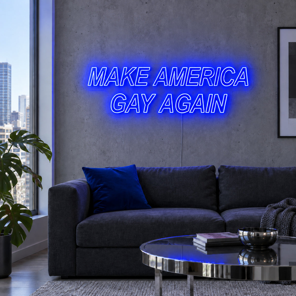 Make America Gay Again Neon Sign glowing blue above a charcoal sofa.