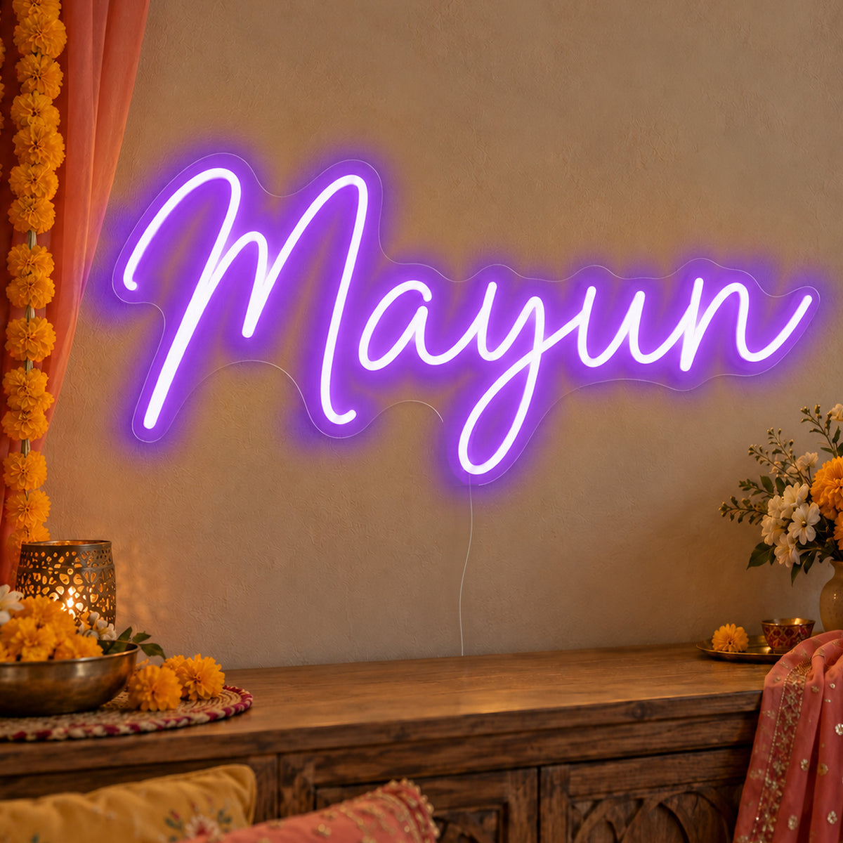 Mayun Neon Sign in purple LED neon on clear acrylic, angled view