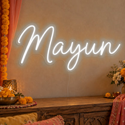 Mayun Neon Sign in white LED neon on clear acrylic, angled view