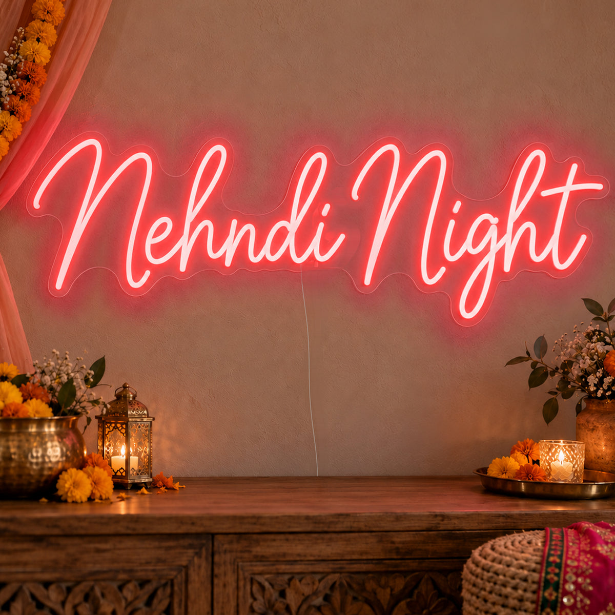 Mehndi Night Neon Sign in red LED neon on clear acrylic, angled view
