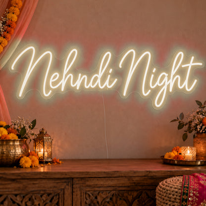 Mehndi Night Neon Sign in warm white LED neon on clear acrylic, angled view