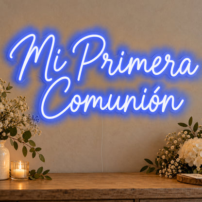 Mi Primera Comunión Neon Sign in blue LED neon on clear acrylic, angled view
