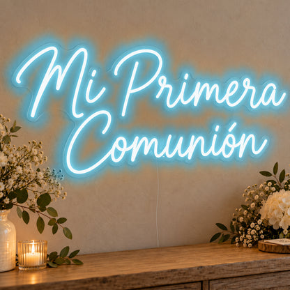 Mi Primera Comunión Neon Sign in ice blue LED neon on clear acrylic, angled view