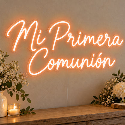 Mi Primera Comunión Neon Sign in orange LED neon on clear acrylic, angled view