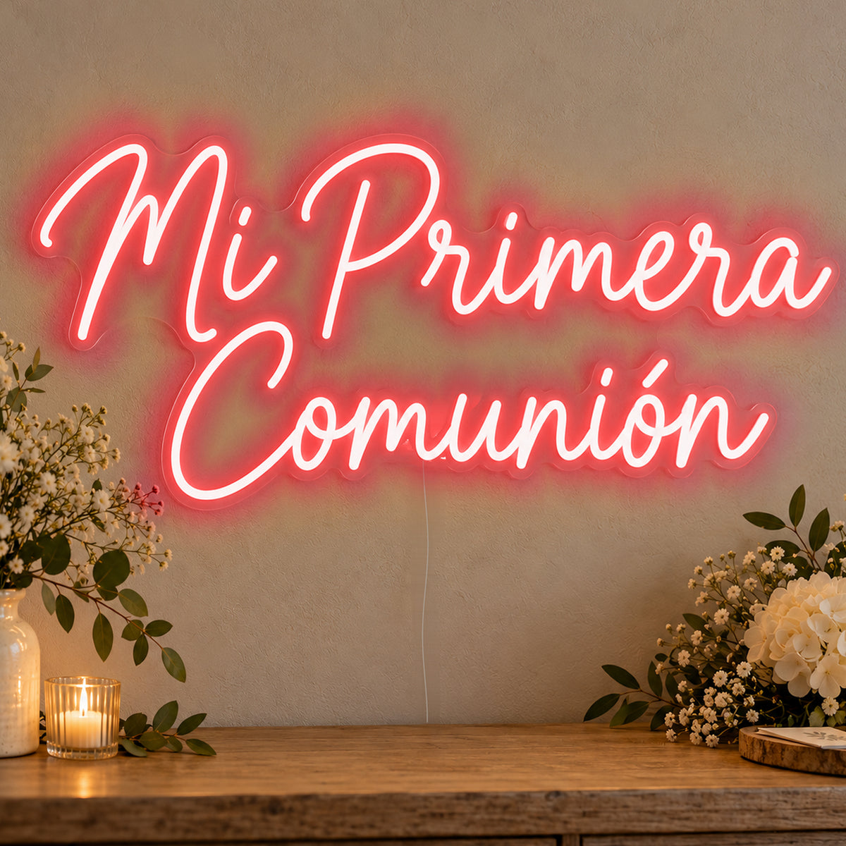Mi Primera Comunión Neon Sign in red LED neon on clear acrylic, angled view
