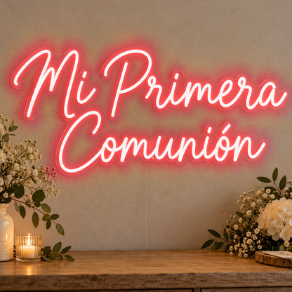 Mi Primera Comunión Neon Sign in red LED neon on clear acrylic, angled view