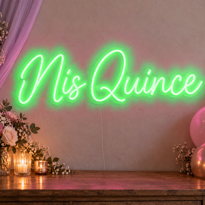Mis Quince Neon Sign in green LED neon on clear acrylic, angled view