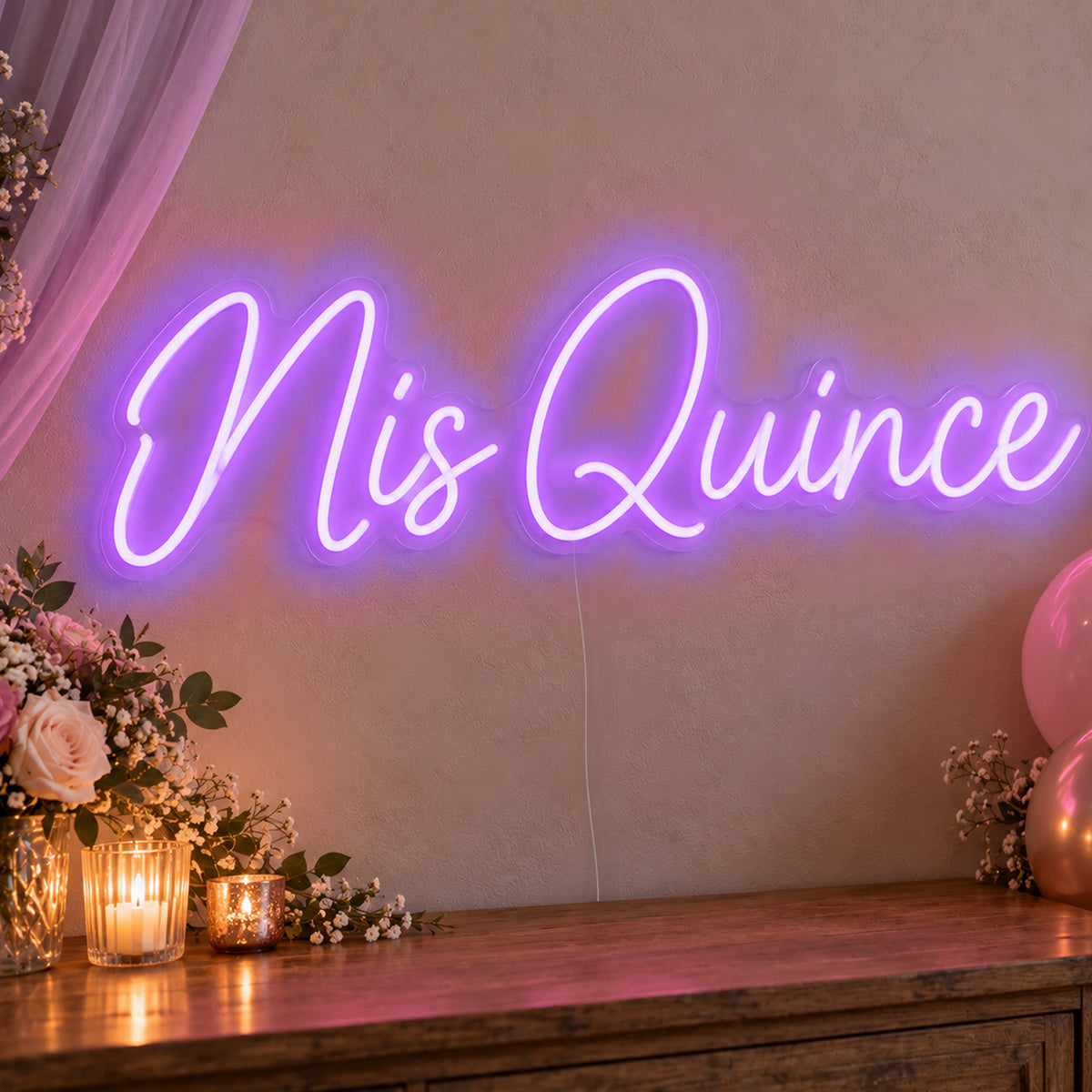 Mis Quince Neon Sign in purple LED neon on clear acrylic, angled view