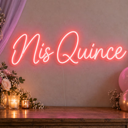 Mis Quince Neon Sign in red LED neon on clear acrylic, angled view